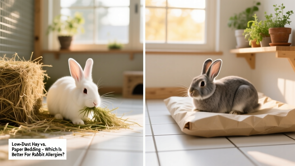 Side-by-side comparison of low-dust Orchard Grass Hay and natural paper bedding in a clean rabbit enclosure