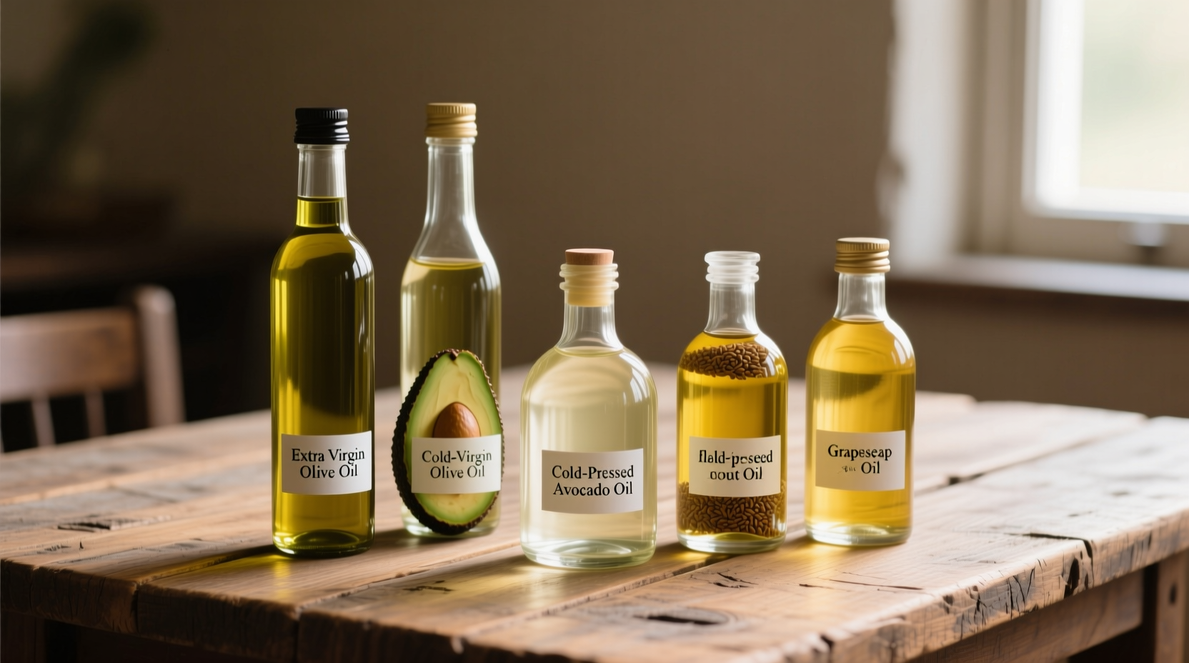 Various healthy cooking oils in glass bottles on wooden table