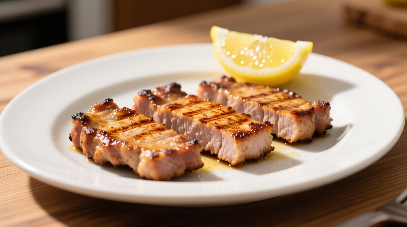 Golden-brown pork cutlets on white plate with lemon wedge