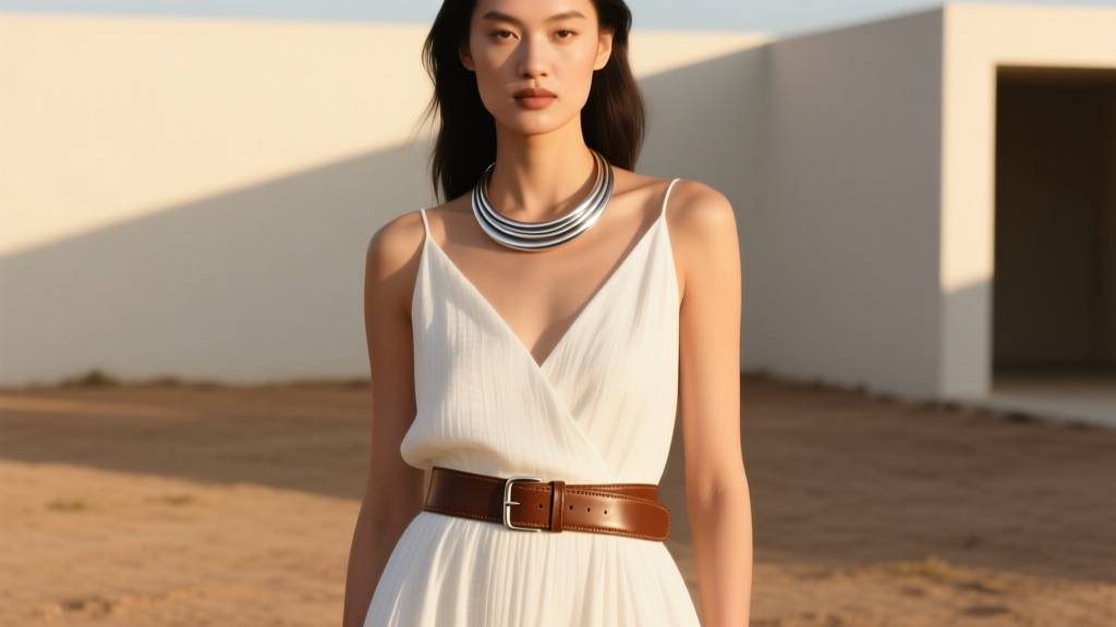 Silver wrap around necklace secured at the waist with a brown leather belt over a white linen dress, warm golden hour lighting