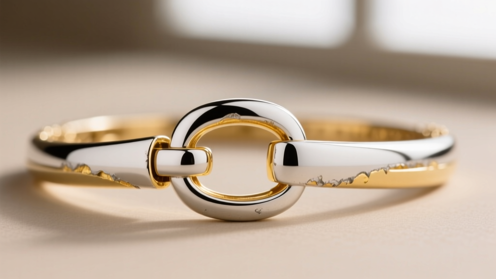 Macro photography of a white gold necklace clasp showing worn-off rhodium plating revealing the yellowish nickel alloy underneath.