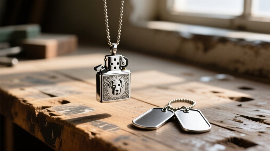 Flat lay of a vintage silver Zippo lighter pendant and blank stainless steel military dog tags on a distressed wooden workbench