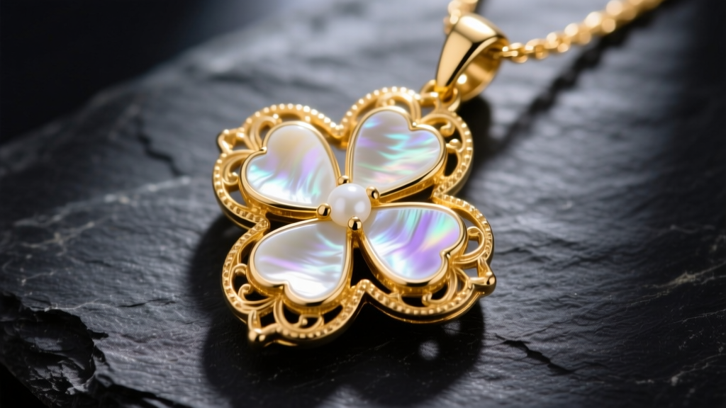 Macro shot of an 18k yellow gold clover pendant with iridescent white mother of pearl inlay, resting on dark slate.