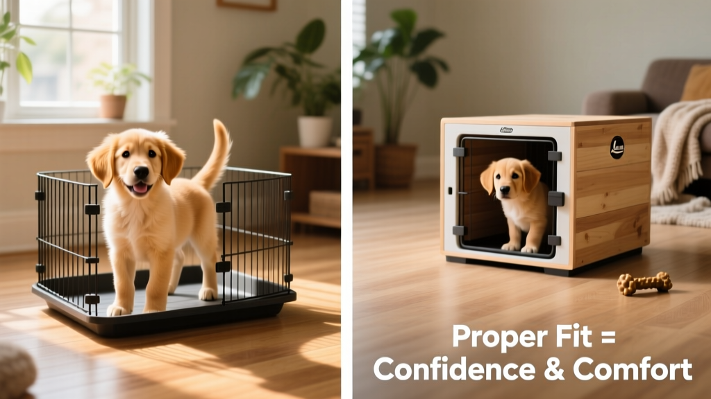 Side-by-side comparison showing correct crate sizing: a puppy standing comfortably and turning easily versus an oversized crate with too much empty floor space
