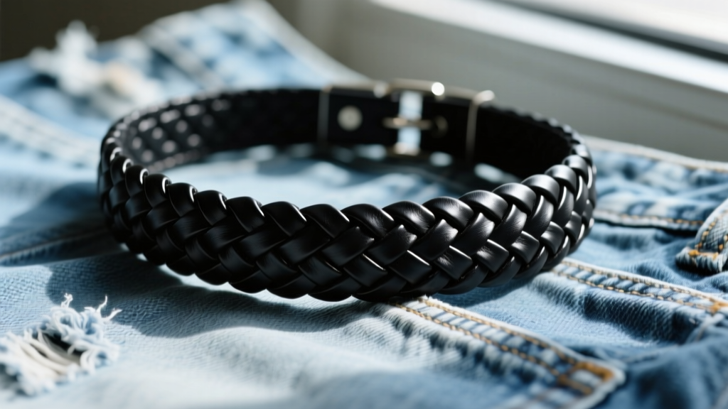 Close-up of a black woven polyurethane 90s tattoo choker resting on faded denim, illuminated by soft natural window light.
