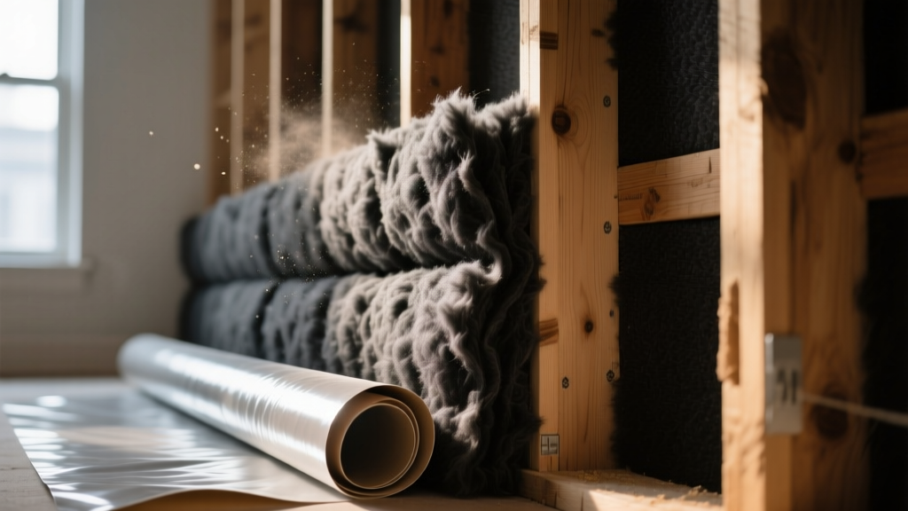 Close-up of dark mineral wool acoustic batts being fitted tightly between wooden wall studs with a layer of mass loaded vinyl partially unrolled nearby