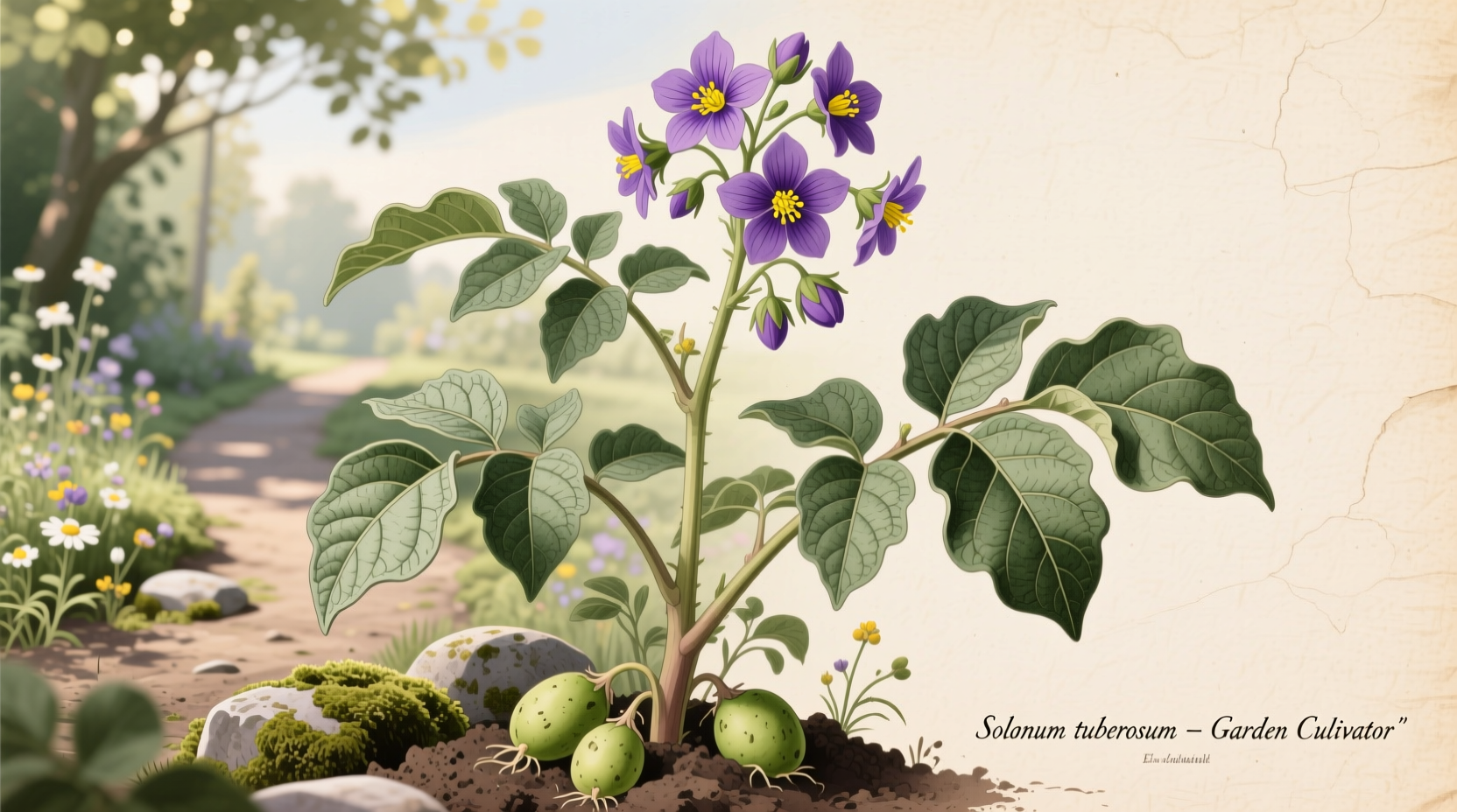 Potato plant with purple flowers in garden