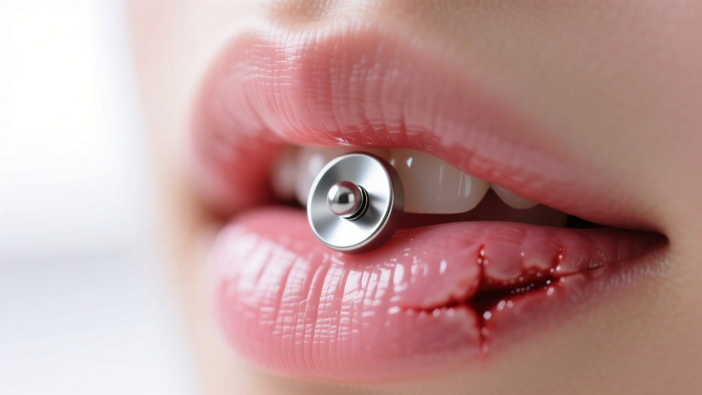 Macro shot of a monroe labret flat-back disc resting against oral mucosa, showing healthy healed tissue without embedding.