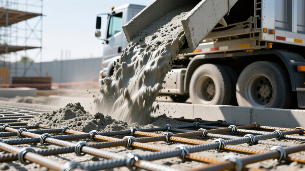 Close-up of a concrete pour showing a grid of steel rebar tied with wire alongside a truck discharging fiber-reinforced concrete mix.