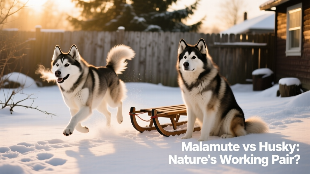 Two dogs playing in a snowy yard: one Husky mid-run, one Malamute sitting calmly beside a sled