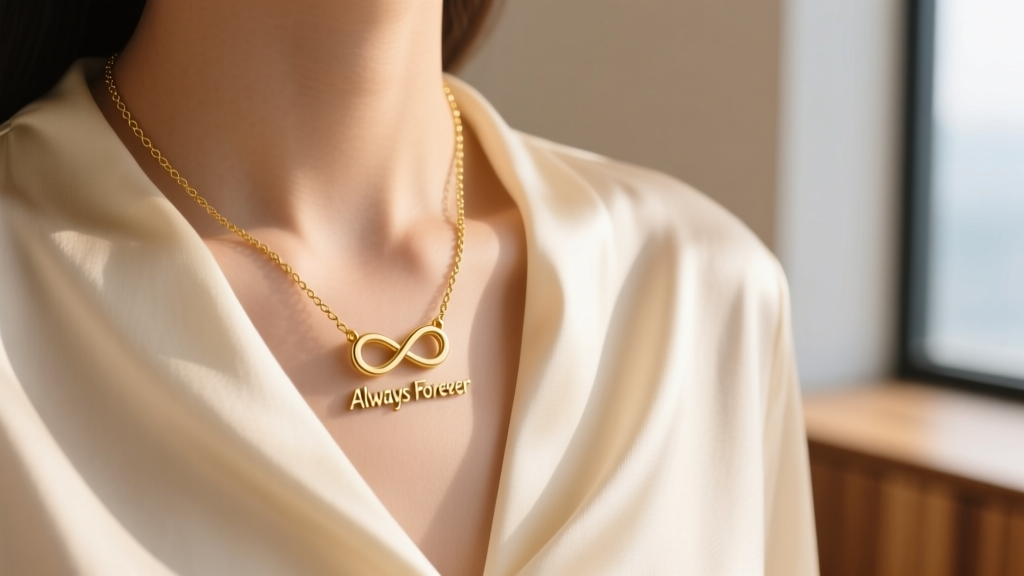 Close-up of a delicate 14k gold always forever necklace with a tiny sideways infinity charm resting on a silk blouse collarbone.