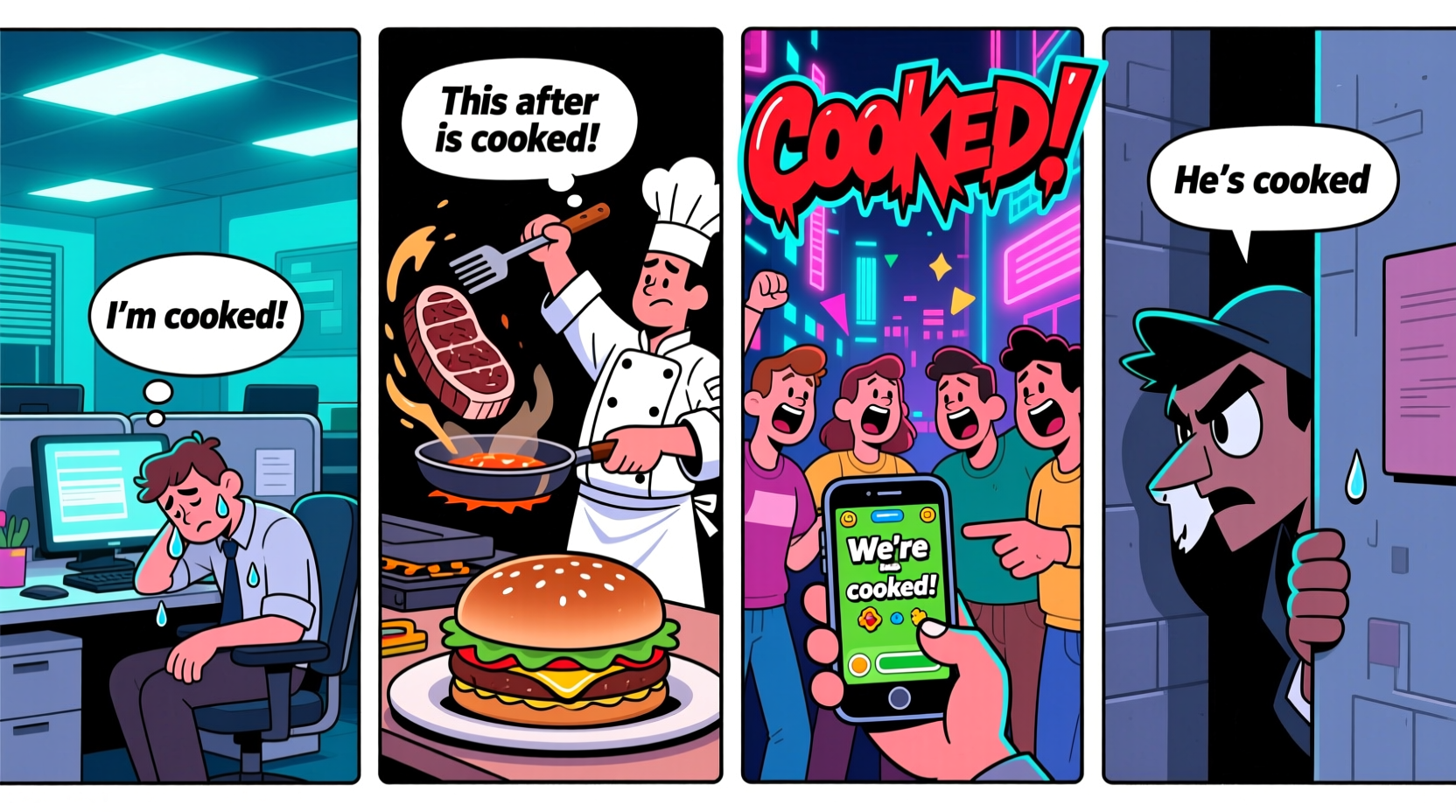 Illustration showing different slang contexts of cooked