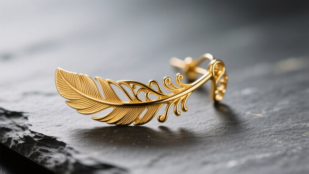 Macro shot of a gold vermeil feather earring on slate, showing intricate metal filigree details under warm studio lighting