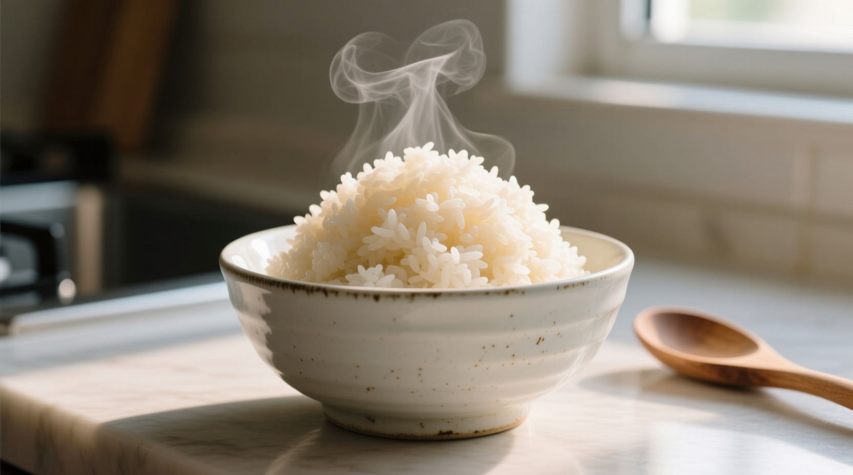 Perfect single serving of fluffy microwave rice in bowl