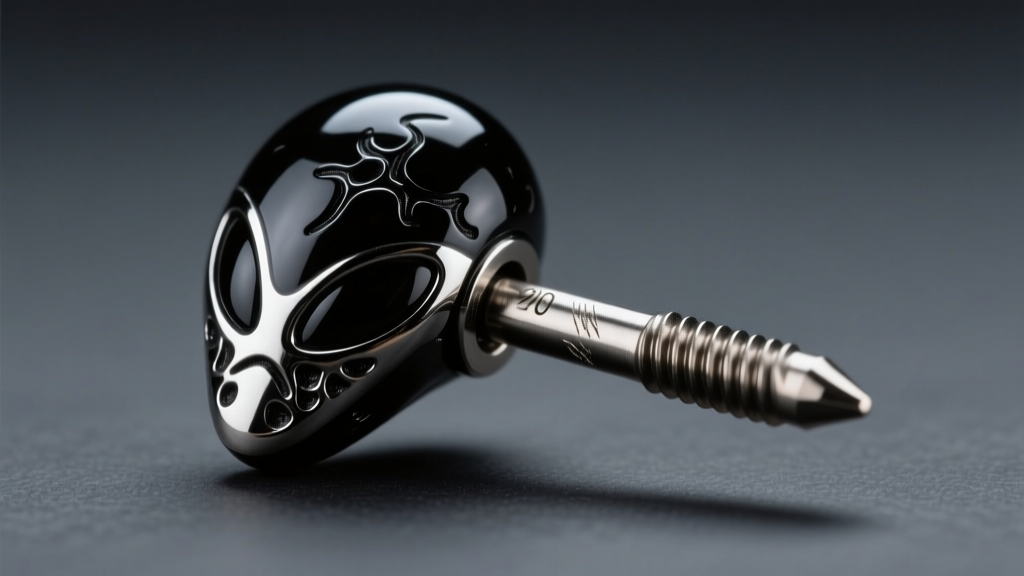 Macro shot of 20-gauge titanium post with black resin alien charm, showing threaded end and mirror polish on dark grey backdrop