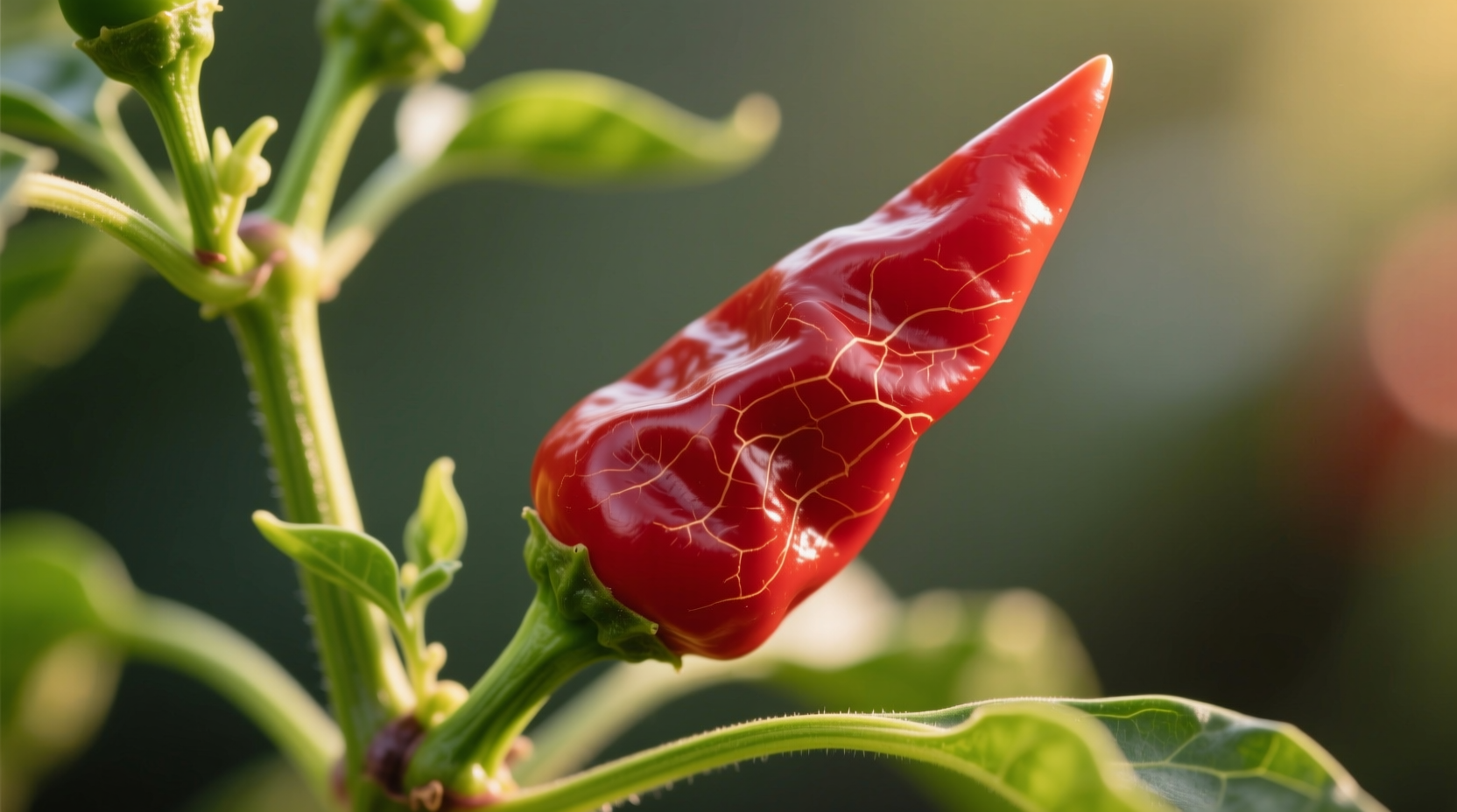 Close-up of Pepper X chili on plant showing its distinctive tapered shape