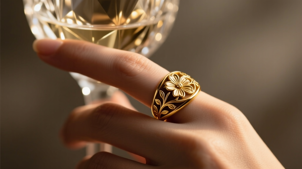 Close-up of an 18k gold signet ring with hand-engraved floral motifs, worn on a hand holding a crystal glass, moody warm light.