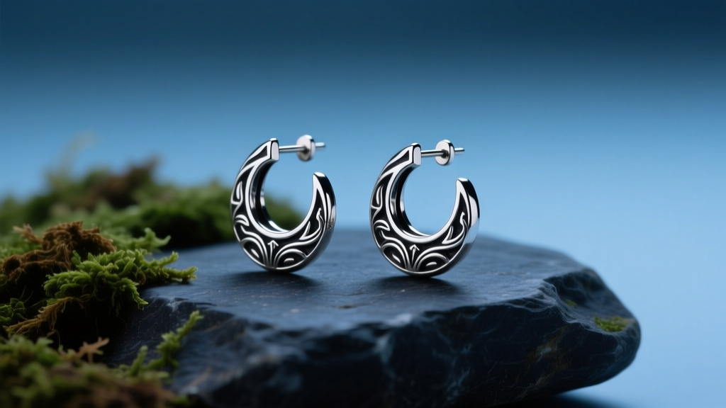 Macro shot of sterling silver Hollow Knight earrings on dark mossy stone, illuminated by soft, moody blue studio lighting setup