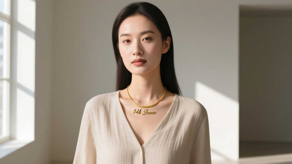 Elegant woman wearing a 14k gold bar necklace with engraved names, soft natural window lighting, chic modern neutral linen blouse.