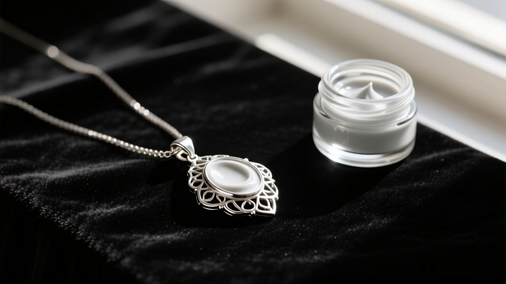 Vintage silver pendant gently polished with a treated cloth, resting on dark velvet with a small jar of silver cream nearby