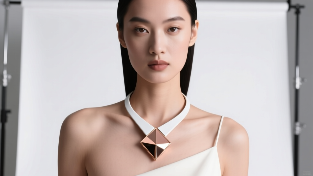 Model wearing an asymmetric mixed-metal slide necklace with a rose gold geometric pendant resting off-center on a white gold track.