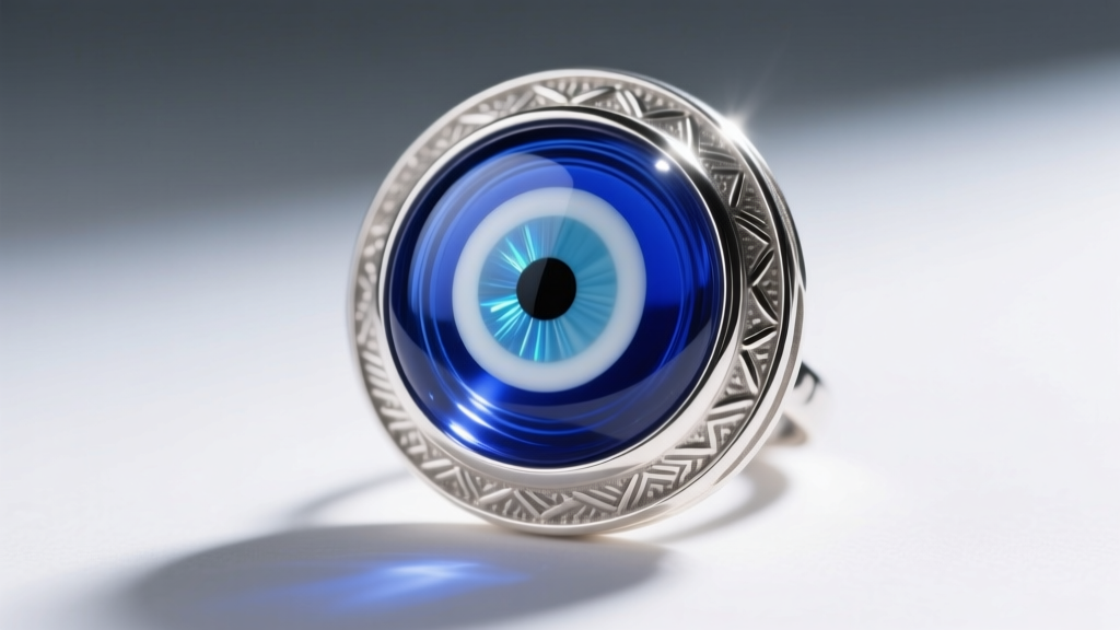 Macro shot of a cobalt blue Nazar evil eye glass amulet set in a textured 925 silver bezel, highlighting layered glass details.