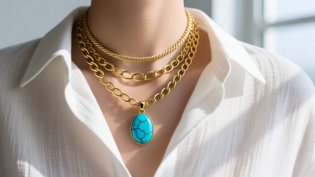 Layered necklace set featuring a delicate gold cable chain and vibrant blue Kingman turquoise pendant, worn over a white linen shirt