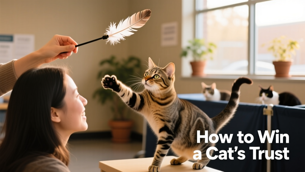 A person holding a feather wand toy just out of reach while a shelter cat playfully bats at it from a safe distance