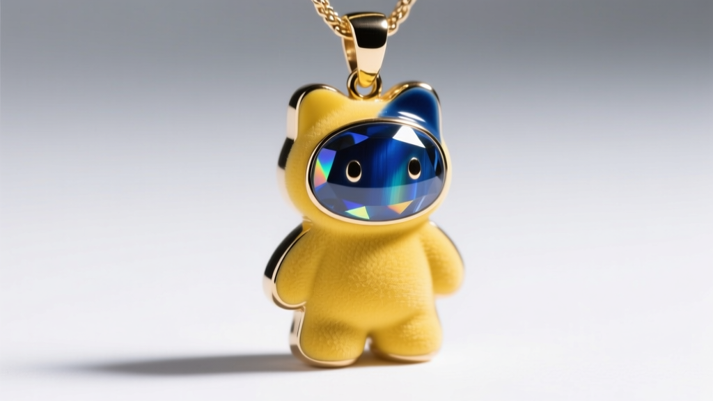 Close-up of soft enamel recesses and hard enamel surfaces on a yellow and blue character pendant under bright studio lighting