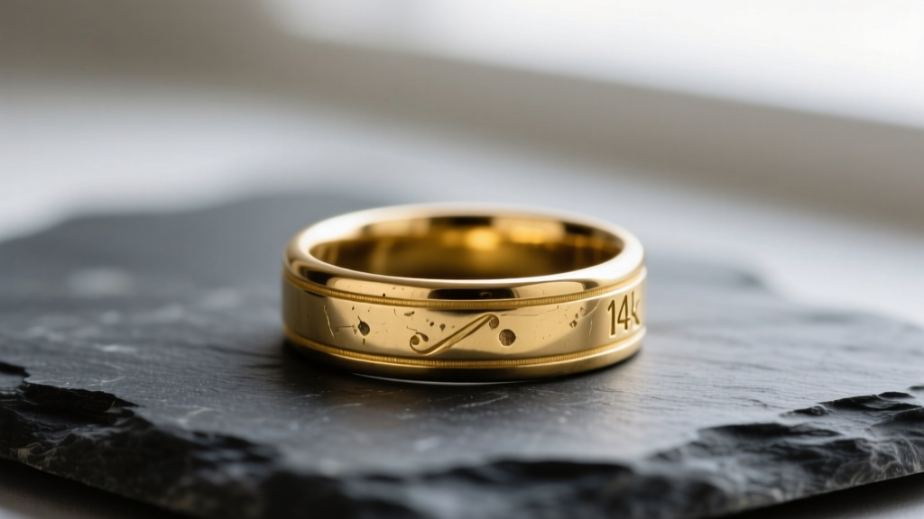 Macro shot of a 14k yellow gold signet ring showing minor surface patina and authentic wear, placed on a dark slate stone surface