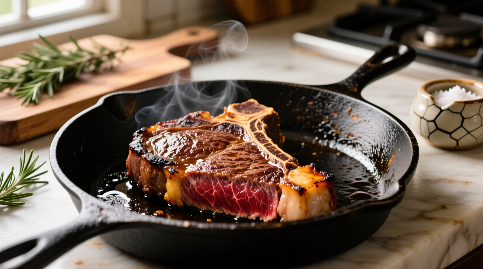 Perfectly seared steak in cast iron skillet