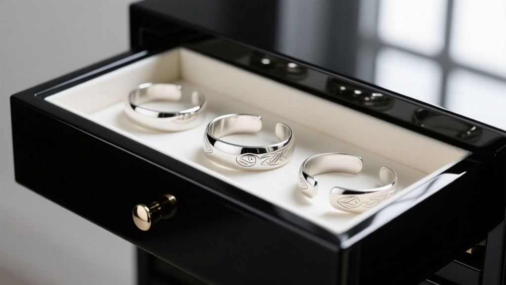 Close-up of a glossy black lacquer jewelry drawer lined with anti-tarnish cloth, holding polished sterling silver cuff bracelets.