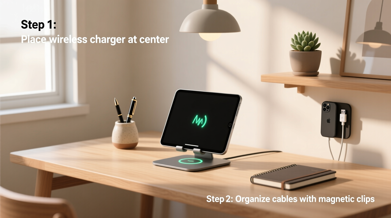 step by step guide to setting up a minimalist desk setup with wireless charging