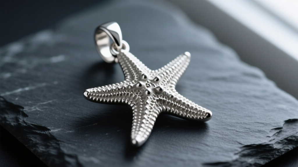 Close-up of a textured 925 sterling silver necklace starfish pendant resting on dark slate, highlighting intricate arm crevices.