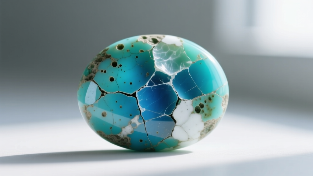 Macro shot of damaged porous turquoise cabochon showing surface etching and discoloration from harsh acidic DIY cleaning liquids.