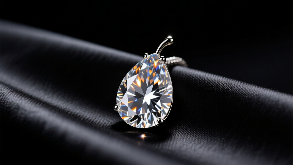 A brilliant pear-shaped diamond pendant resting on dark silk, illuminated by soft studio lighting to highlight facets