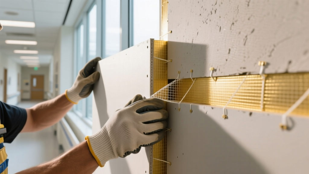 Close-up of a contractor installing gold bond xp hi impact gypsum board with embedded fiberglass mesh visible on the cut edge in a hospital corridor