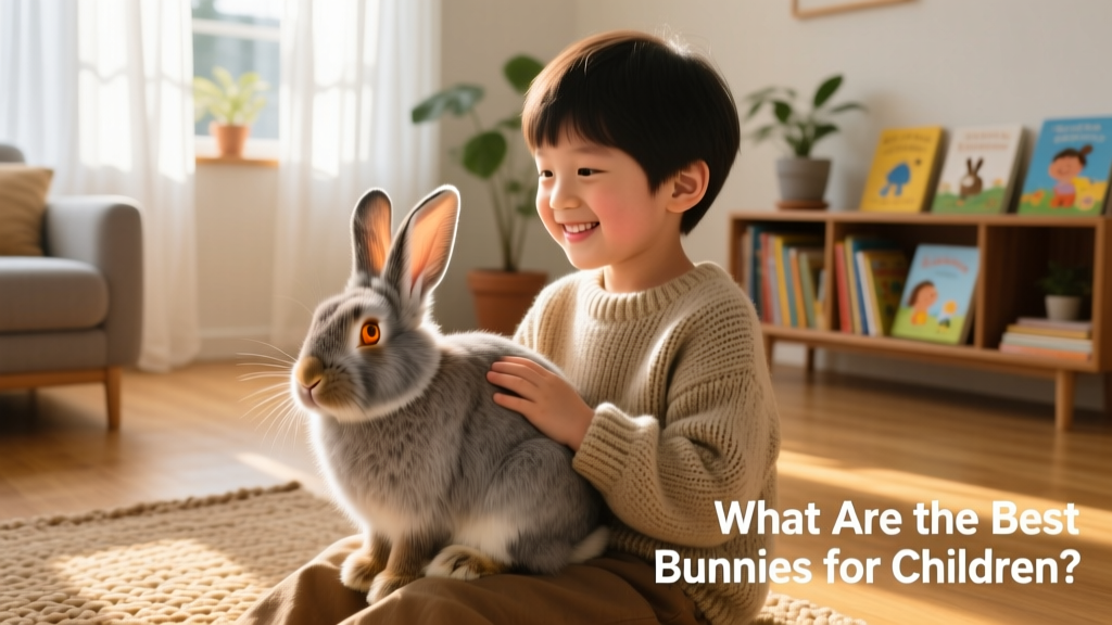 A calm, medium-sized rabbit sitting gently on a child's lap in a sunlit living room