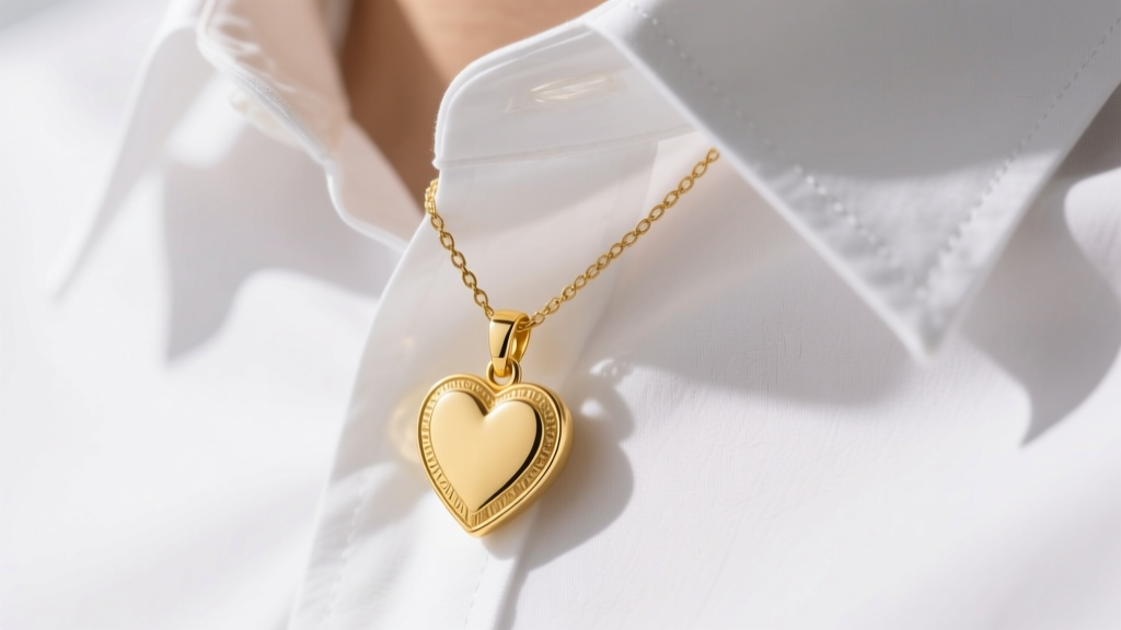Close-up of a 14k solid yellow gold heart pendant on a 1.2mm cable chain resting against a crisp white button-down shirt collar.