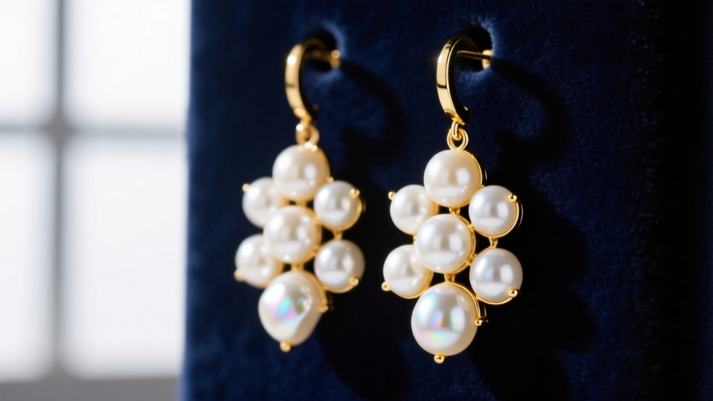 Close-up of 14k yellow gold pearl cluster drop earrings with varying sizes of luminous white Akoya pearls against dark velvet