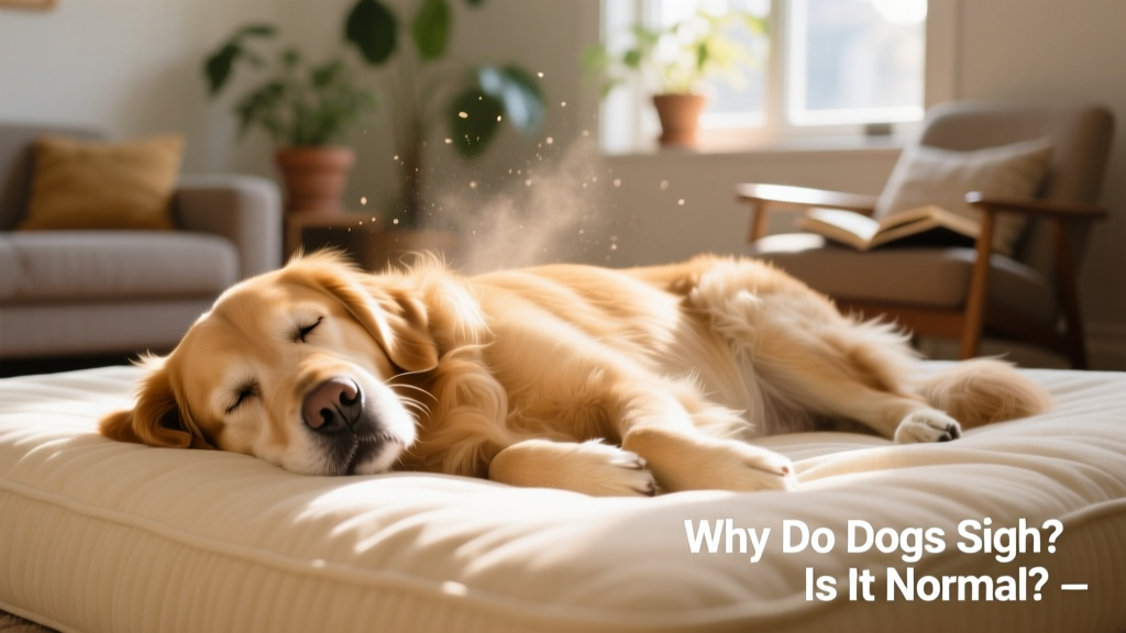 A happy dog lying on its side, sighing softly with eyes closed, surrounded by soft light and a plush bed