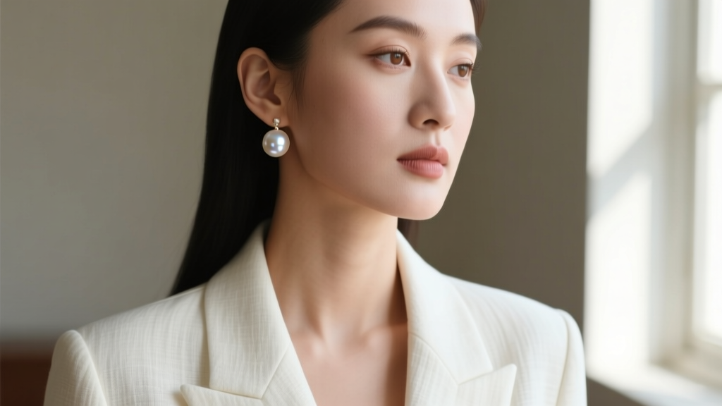 Profile of a woman wearing a 14mm freshwater pearl drop earring, styled with a minimalist linen blazer and soft, natural makeup