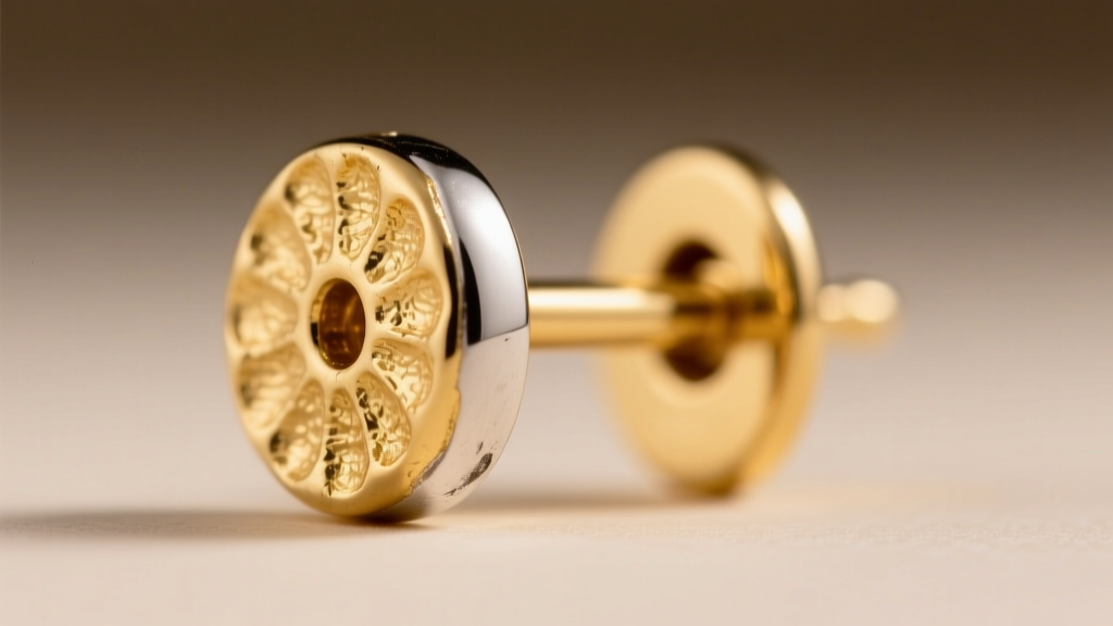 Macro close-up of a gold vermeil earring post revealing the sterling silver base metal wearing through at the friction point