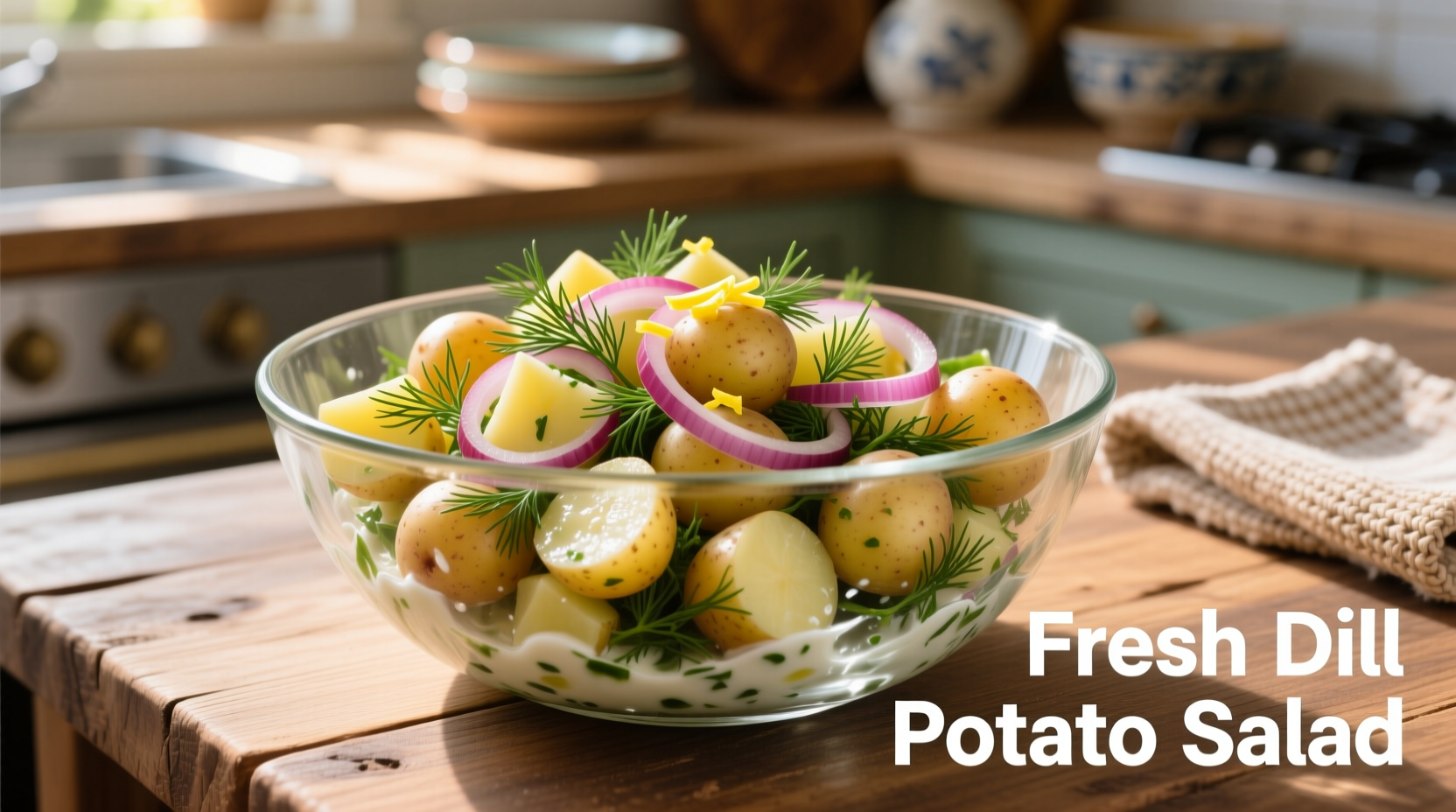 Fresh dill potato salad in glass bowl