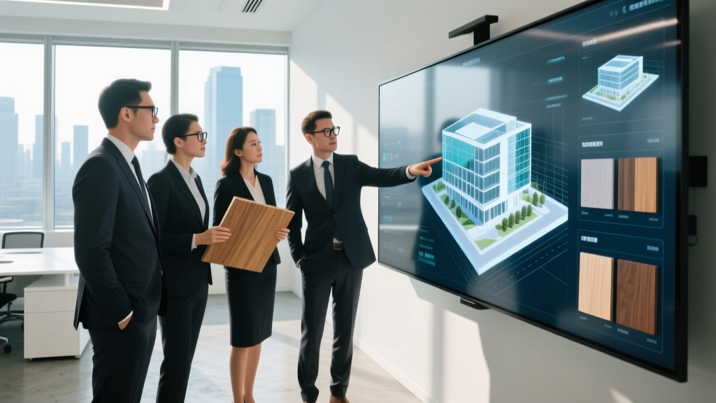 Modern construction marketing team reviewing digital BIM models and material sample boards on a large interactive display in a bright office