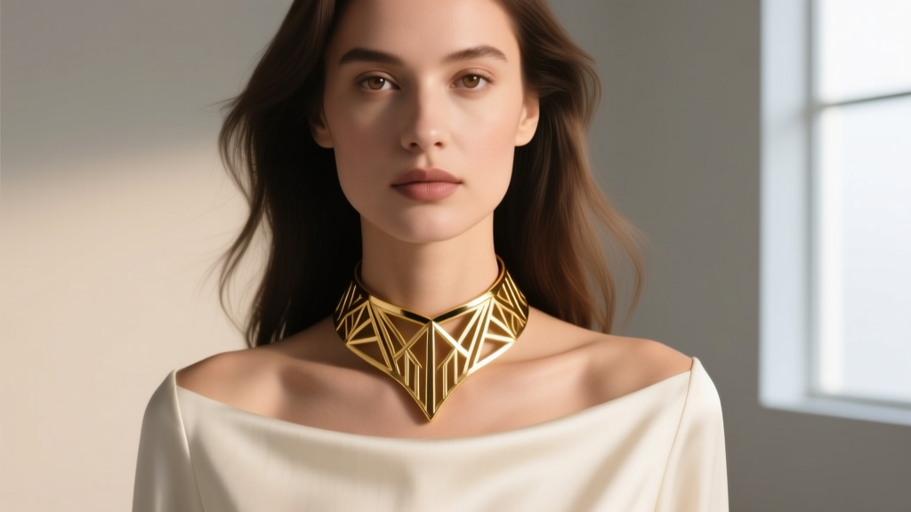 Portrait of a woman in a structured boat-neck top paired with a heavy 20-gram 14k solid gold sculptural choker necklace design.