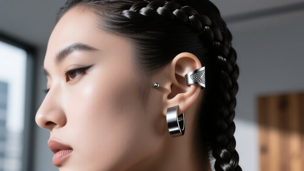 Close-up of a gunmetal PVD-coated titanium ear cuff and tragus stud on a model with a tactical braided hairstyle, cinematic lighting