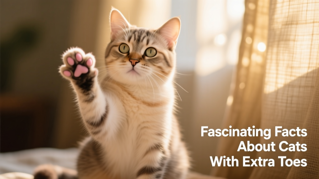 Happy polydactyl cat sitting upright, gently lifting one front paw to show its six toes against a soft, sunlit background