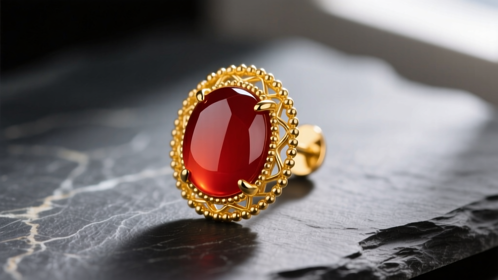Macro shot of a yellow gold Sweet Alhambra earring with polished carnelian on dark slate, highlighting the milgrain beaded edge.