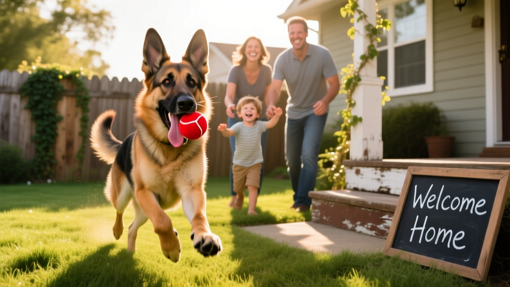 A happy German Shepherd playing fetch in a sunny backyard with his new adoptive family